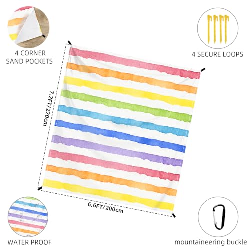Beach Blanket Waterproof Sandproof Oversized Extra 79 * 88inch Sand Free Beach Mat with Stakes, Storage Bag - Essentials for Outdoor Beach, Picnic,Quick Drying Durable - color: Vintage Stripes, size: 6.6x7.2 FT (1～4 Person)