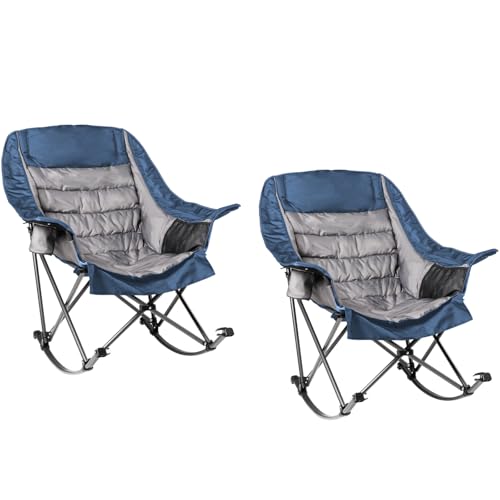2 PCS Oversized Rocking Camping Chair for Adults - 400lbs Capacity Padded Camp Chair, Portable Foldable Outdoor Rocker Chair for Camping, Backyard, Patio (Blue & Gray) - color: Blue & Gray, size: 2 PCS