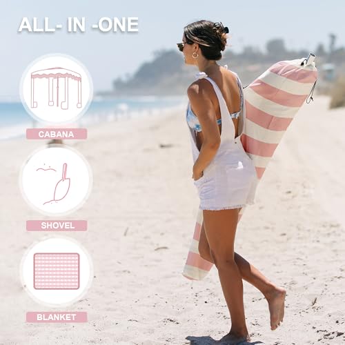 AMMSUN Beach Cabana with Beach Blanket, 7' x 7' Boho Canopy with Tassels, Premium Wood Pole, Fringe Cabana Tent with Sand Pockets, Instant Sun Shade for Sand, Garden, Outdoor, Rose Pink Stripes - color: Rose Pink Stripes with Beach Blanket