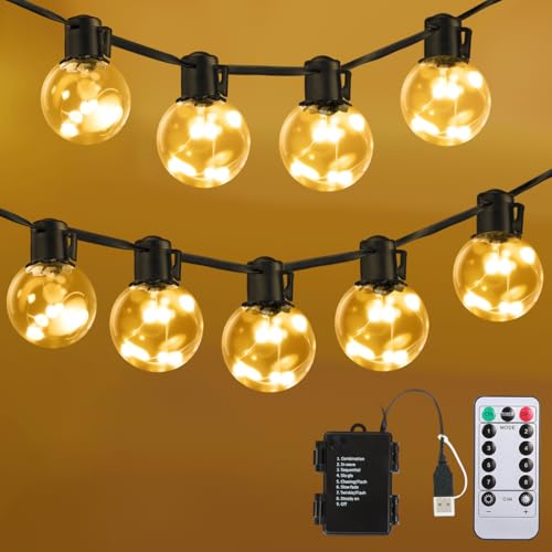 30ft Outdoor String Lights Battery Powered, 20 G40 Warm White LED Bulbs Hanging Lights Dimmable with Timer, IP65 Waterproof Bulb Shatterproof for Patio Backyard Balcony Christmas Decor - color: White, size: 30ft