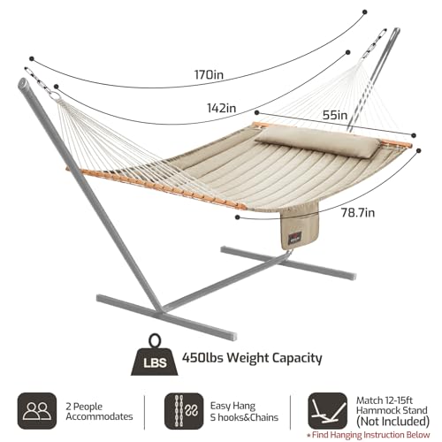 CHULIM Double Quilted Fabric Hammock with Hardwood Spreader Bars and Pillow 450 LBS Capacity 2 Person Large Hammock for Outdoor Patio Backyard Poolside - Tan - color: Tan