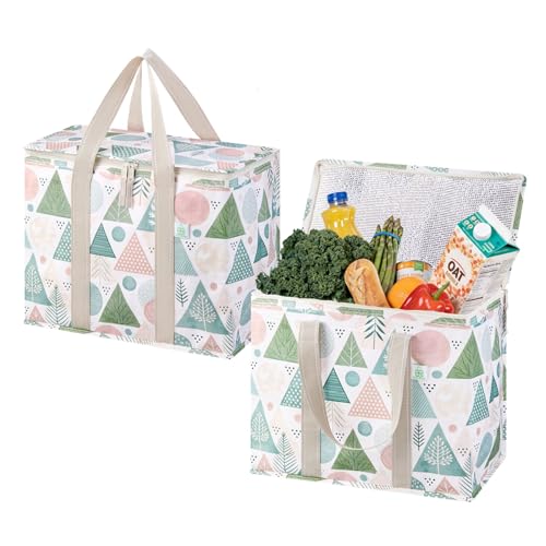 VENO 2 Pack Cooler Bag, Insulated Grocery Bags for Food Delivery, Collapsible Cooler, Reusable Shopping Bags for Groceries, Hard Bottom, Water Resistant, Zippered, Foldable (Pastel Forest, 2 Pack) - color: Pastel Forest, size: 15.7"W x 12.6"H x 8.7"D - 2
