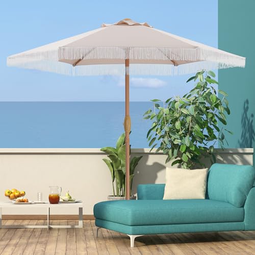 GDY 7.5FT Tassel Patio Umbrella Outdoor Table Umbrella,Market Umbrella with 6 Sturdy Ribs, with Push Button Tilt and Crank for Garden, Lawn, Deck, Backyard & Pool (Camel) - color: Camel, size: Umbrella Only