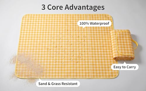 Loulangems Extra Large 2m x 2m Orange Plaid Picnic Mat, Sandproof Waterproof Outdoor Blanket, Orange Plaid Picnic Blanket for Campin and Hiking, Machine Washable