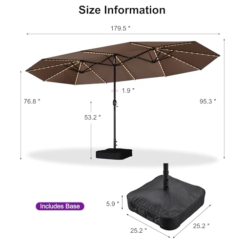 PURPLE LEAF 15ft Patio Market Umbrella with Solar LED and Base Double-Sided Rectangle Outdoor Table Sun Umbrellas with Crank for Pool Beach Deck Backyard Taupe - color: Taupe, size: 15' X 9' with Lights