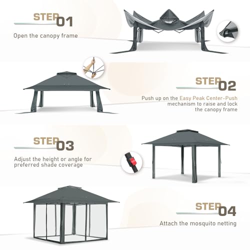 EAGLE PEAK 13x13 Pop Up Gazebo with Mesh Netting, Easy Up Screened Canopy for Patio and Backyard, Easy Set up Outdoor Gazebo (Gray) - color: Gray, size: 13x13 with netting
