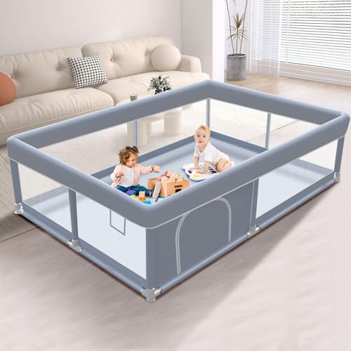 XVISHX 65 x 50 Inch Baby Playpen, Playpen for Babies and Toddlers, Baby Play Pen Playard for Indoor & Outdoor Active Center Game Fence, with Skin-Friendly Fabric and Soft Breathable Mesh, Grey - size: 65 × 50 Inch