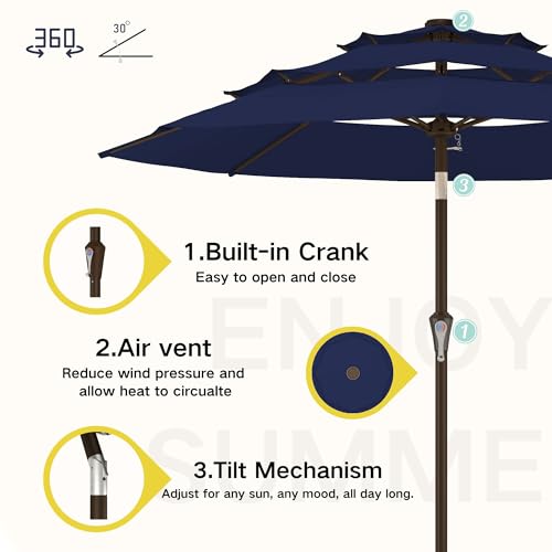 Kingdura 9ft 3-Tier Patio Umbrella, Outdoor Table Umbrella with Easy Crank & Tilt, 8 Reinforced Ribs, UV Protection for Deck, Pool, Market, Backyard (Navy blue) - color: Blue, size: 9 FT