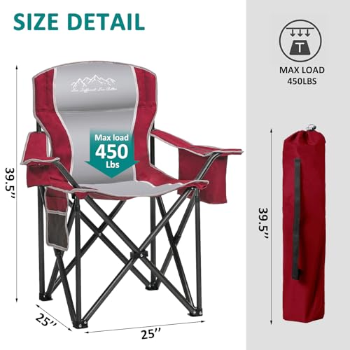 Camping Chair Portable Folding Outdoor Chair Heavy Duty Padded Chairs Lawn Chair with Cup Holder, Storage Pocket and Cooler Bag, Supports 500 LBS, Red - color: Red