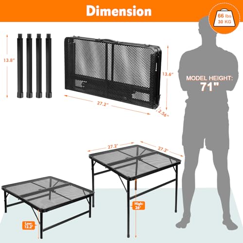 Square Folding Card Table with Adjustable Height (12" & 26"), Black Portable Metal Mesh Table for Camping, BBQ, Picnic, Game, Patio & Indoor Use, Fits 2–4 People, Lightweight 7.6 lb, Supports 66 lb - color: Black, size: Square - 27.2"L x 27.2"W x 12.2"/26