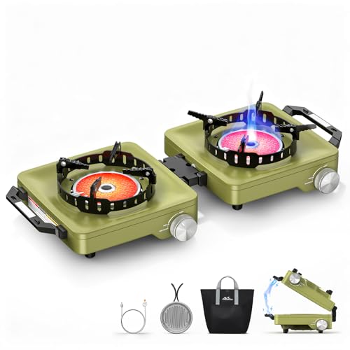 MoKo Propane Camping Stove 2 Burner, 36,000 BTU Infrared & Open Flame Hybrid, Windproof Folding Portable Outdoor Gas Cooking Kit with Frying Pan & Carry Bag For RV, Tailgating, Survival, Green - color: Green