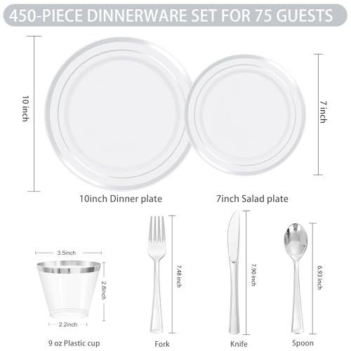 WELLIFE 450 PCS Silver Disposable Dinnerware Set for 75 Guests, Wedding Plates Silver Plastic Plates for Party, Including 75 Dinner Salad Plates, Cups, Forks Knives Spoons for Wedding and Party - color: Silver, size: 75 Guests