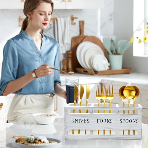 Farmhouse Wooden Utensil Caddy Party Cutlery Silverware Holder Small Wood Utensil Holder for Kitchen Counter Decor Flatware Cutlery Organizer Table Flatware Silverware Caddy Spoon and Fork Organizer - color: Retro White
