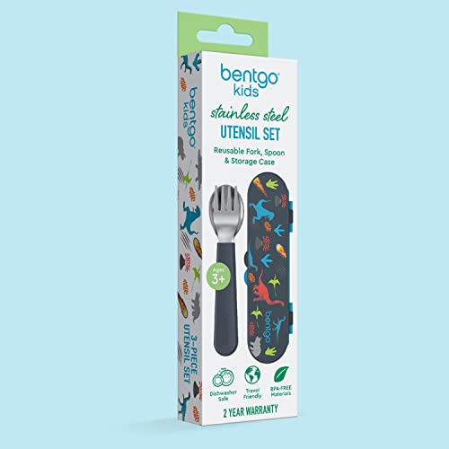 Bentgo Kids Stainless Steel Utensil Set - Reusable Fork, Spoon & Storage Case, PFAS- & BPA-Free, Easy-Grip Handles, Lightweight, Dishwasher Safe, School Lunch, Travel & Outdoors (Dinosaur) - color: Dino