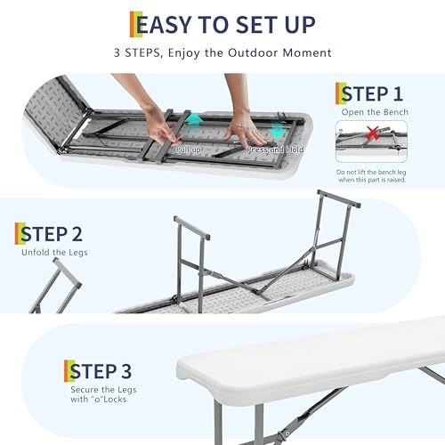 GarveeLife Portable Folding Bench 6 Foot, Plastic Foldable Bench HDPE BenchTop with Carrying Handle for Outdoor Picnic Camping Party Sports Activities - White - color: White, size: 1 Pack