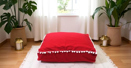CRAFT KALA Meditation Floor Pillow Cover, Round Large Pillows Cover Seating for Adults, Bohemian Mandala Circle Cushions Cover for Outdoor Fireplace Yoga Living Room (Red, 24" Square) - color: Red, size: 24" x 24" (Pack of 1)
