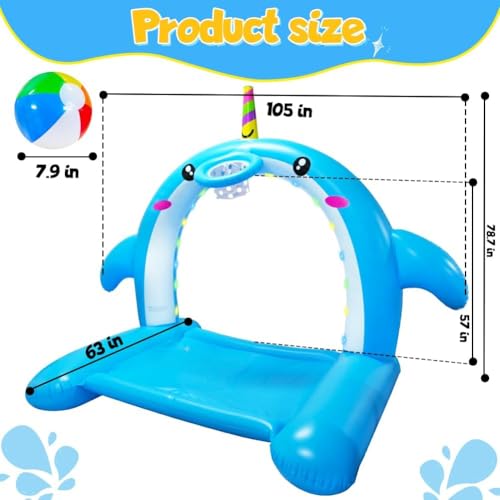8.7FT Inflatable Whale Sprinkler Water Toys with Basketball Hoop Arch, 3-in-1 Large Splash Pad for Kids & Dogs, 16 LED Lights, Thickened Mat Toys for Outdoor Backyard & Garden Summer Fun - size: 105"