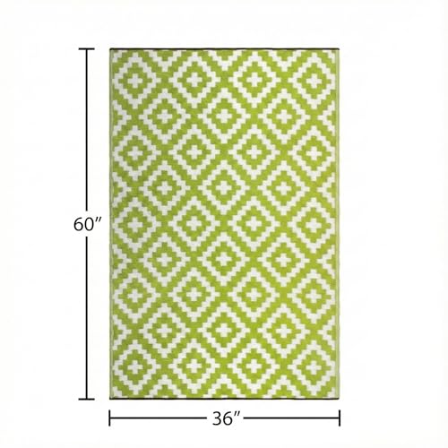 FH Home Outdoor Rug - Waterproof, Fade Resistant, Reversible - Premium Recycled Plastic - Geometric - Porch, Deck, Balcony, Mudroom, Laundry Room, Patio - Aztec - Green & White Crease Free - 3 x 5 ft - color: Aztec - Green & White, size: 3' x 5' (Rectangu