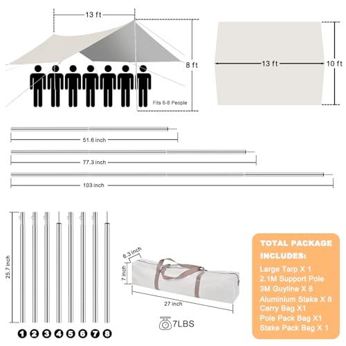 SHANQUAN Camping Tarp with Poles,10X13FT Waterproof and UV Protective Camping Tent, Lightweight Shelter Hammock Rain Fly Sun Shelter for Tent,Hiking,Garden and Traveling.