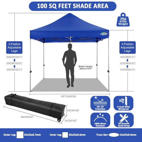 COBIZI 10x10 Pop Up Canopy Tent 10x10 Canopy with 4 Sidewalls Waterproof Heavy Duty Commercial Canopy Tent for Parties Outdoor Garden Gazebo, Carry Bag with Wheel(10x10ft, Dark Blue) - color: Dark Blue, size: 10X10FT 4 Sidewalls