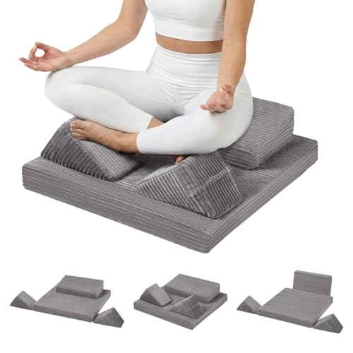 Meditation Cushion Set, Meditation Pillow for Sitting on Floor, Large Yoga Pillow with Knee Support, Washable Zafu Meditation Mat, 3 Shapes Floor Pillow for Adults, Light Grey - color: Light Dark