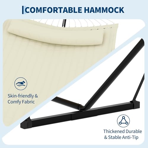 2 Person Double Hammock with Stand & Pillow, 450 LBS Heavy Duty Outdoor Hammock with Balance Rope for Patio Backyard Poolside