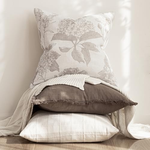 Foindtower Set of 2 Linen Floral Vintage Throw Pillow Covers Neutral Accent Decorative Cushion Covers Farmhouse Boho Home Decor for Sofa Chair Couch Bedroom Living Room,22×22 Inch,Tan Beige - color: Doeskin, size: 22" x 22" (Pack of 2)