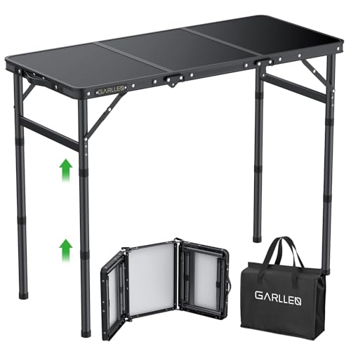 GARLLEN Folding Camping Table Max 27.5", 3-Height Adjustable Portable Camping Table with Carrying Bag, Lightweight Aluminum Folding Picnic Tables for BBQ, Travel, Outdoor, 34.2" L x 15.7" W - color: Black, size: Tabletop Size: 34.2"l X 15.7"w