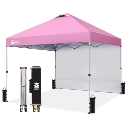 CROWN SHADES Canopy Tent, 10 x 10 Foot Portable Pop Up Outdoor Shelter with 1 Sidewall, Easy 1 Push Center Lock, UV Protection, and Carry Bag, Pink - color: Pink, size: 10x10FT