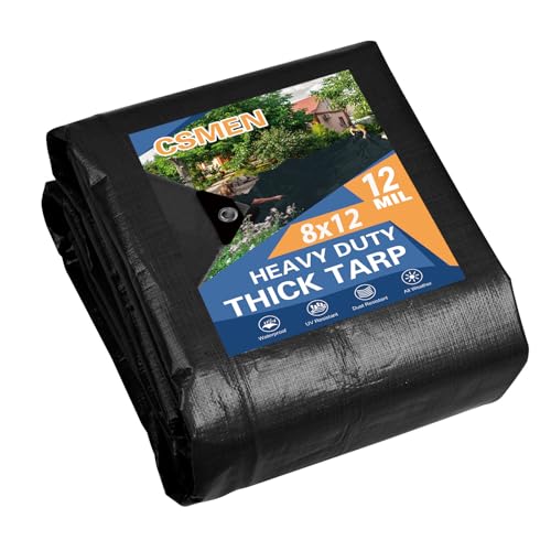 Tarp Heay Duty Waterproof 8x12ft,Black Tarp Cover Plastic Poly Tarpaulin for Outdoor Cover,Emergency Rain,Roof, Pool, Boat,Camping - Multipurpose with 12Mil Thickness - color: Black-12mil, size: 8x12