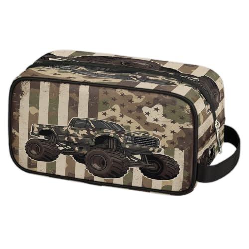 Travel Toiletry Bag for Boys Kids - Monster Truck Camo Flag Waterproof Hanging Cosmetic Hygiene Bags Lightweight Large Shave Kit for Toiletries Accessories Bathroom Stuff, Gifts for Men - color: Camouflage Monster Truck American Flag