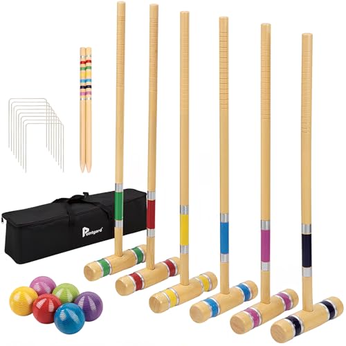 Six Player Croquet Set with Premium Wooden Mallets 28 in, Colored Ball, Wickets, Stakes, Perfect Outdoor Game, Yard Game, Party BBQ Game for Adults & Families (Includes Sturdy Carrying Bag) - color: Natural Wood