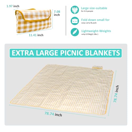 Coldcool Outdoor Picnic Blanket, Extra Large Beach Blanket, Waterproof Sand Proof Foldable Portable Picnic Mat for Outdoor Camping Hiking Travel Grass Music Festival Lawn Mats, 80" x 60", Yellow - color: Yellow