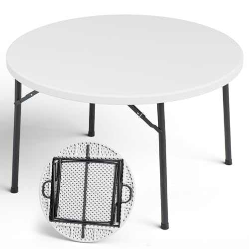 48" Folding Round Table, Heavy Duty Plastic Commercial Dinner Table with Foldable Steel Legs, Portable Banquet Table for Wedding, Party, Events, Indoor, Outdoor, White - color: White, size: 48"