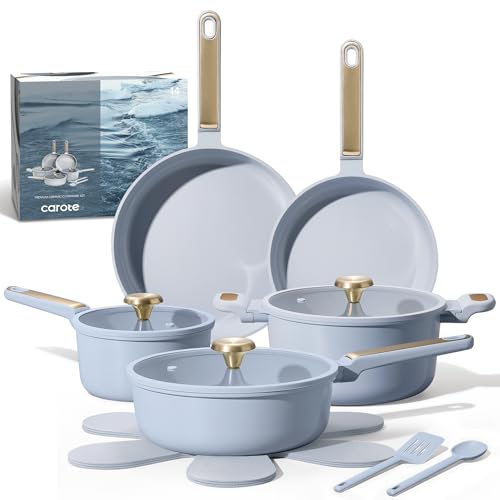 CAROTE Ceramic Cookware Set Nonstick, 14pcs Pots and Pans Set Nonstick, Non-Toxic & PFAS-Free, Dishwasher, RV/Camping Cookware Set, Cooking Pots with Lids, Pastel Blue - color: Light Blue