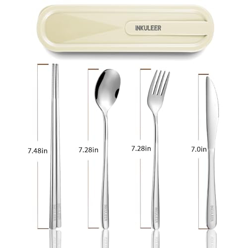 Travel cutlery set, 18/8 stainless steel cutlery, Reusable utensils set with case, Portable Silverware Lunch Box for Camping and Office-Stainless steel - color: Natural Color