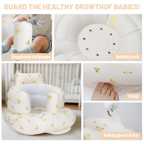 AirSwim Inflatable Baby Seat, Inflatable Baby Chair for Babies 3 Months and Up, Summer Blow Up Chair with Built in Air Pump, Infant Floor Seats for Learning to Sit, Palying, Camping, Bear Head - color: Bear Head