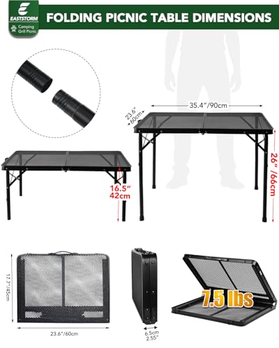3 ft Folding Table with Adjustable Height, Camping Table with Carry Handle, Metal Mesh Table ,Portable Grill Table for Camping, Tailgating, BBQ, Picnic & Indoor, Fits 3–6 People, Supports 66 lb, Black - color: Black, size: Medium 3Ft - 35.4"L x 23.6"W x 1