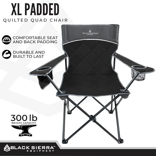 Black Sierra Quilted Padded Camping Chair, Oversized Heavy Duty Outdoor Lounge Seat Supports 300 lbs, Portable, Folding with Cup Holder for Beach, Tailgating, Sports, Patio - color: Black