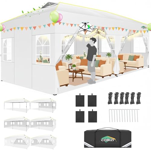 COBIZI 10x20 Pop Up Canopy Tent with 6 Sidewalls One Push Setup Outdoor Commercial Gazebo Waterproof UPF 50+ Party Tent with Carry Bag,Air Vent,Sandbag Tents for Parties,Wedding,Backyard,White - color: White(1-year warranty), size: 10x20