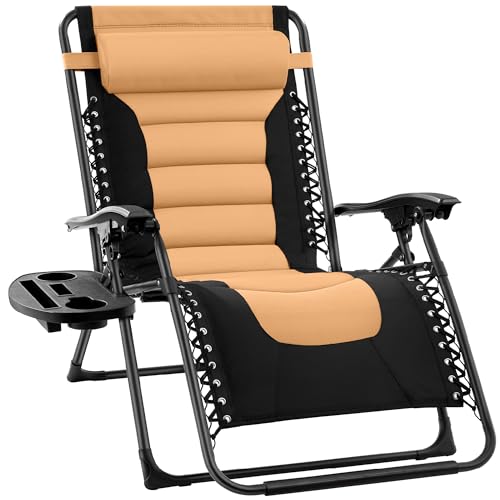 Best Choice Products Oversized Padded Zero Gravity Chair, Folding Outdoor Patio Recliner, XL Anti Gravity Lounger for Backyard w/Headrest, Cup Holder, Side Tray, Polyester Mesh - Tan - color: Black/Tan
