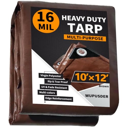Tarps Heavy Duty Waterproof 10x12ft, 16Mil Poly Tarps with Grommets, UV Resistant, Brown Multipurpose Tarpaulin with Reinforced Edges, Camping, Outdoor Coverings - color: Brown-16mil, size: 10'×12'