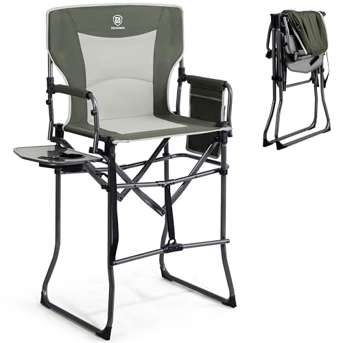 EVER ADVANCED Portable 30.7" Seat Height Tall Folding Camping Chair Directors Chair High Foldable Bar Stool with Side Table for Makeup Artist, Sports Event, Craft Show, Supports 350LBS - color: Green Grey