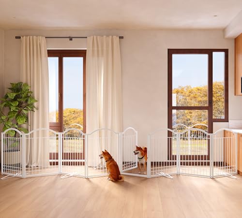 4NM Metal No Drilling Expandable Dog Gate, Extra Wide 192", Extra Tall 32" Free Standing Pet Gate with Door, Gates for Dogs Outdoor or Indoor, with 4PCS Support - White - color: White, size: 【32"H】8-Panel with Door