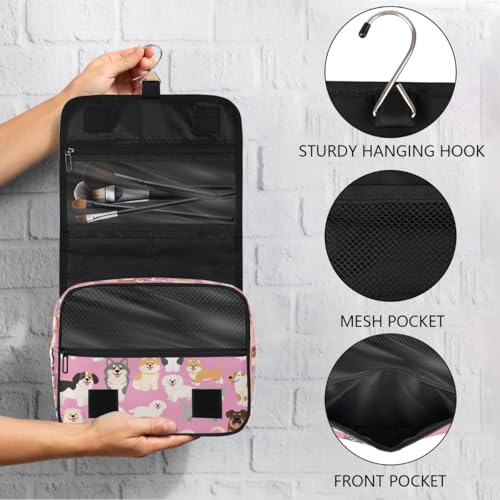 Cartoon Cute Dogs Pattern Kids Toiletry Bag for Girls, Waterproof Hanging Makeup Organizer Travel Cosmetic Bag with Hook, Portable Toiletries Case for Sleepovers School Vacations - color: Cartoon Cute Dogs Pattern