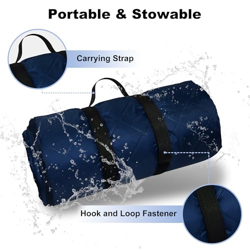 Waterproof Outdoor Blanket 92”X 60” Packable, Stadium Blankets for Camping with Quilted Fleece Lining, Large Windproof Emergency Throw Mat for Garss Picnic Hiking Road Trip, Machine Washable, Navy - color: Fleece Navy-300 Gsm, size: 92"x 60"