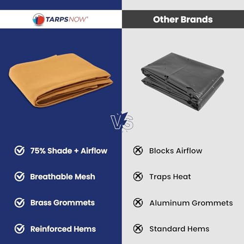 Tarps Now 10' x 20' Tan Mesh Tarp Heavy Duty - 6.8 oz Knitted HDPE - 75% Shade Cloth for Garden, Backyard, Patios - Brass Grommets - UV Resistant Breathable Privacy Screen, Sun Shades Outdoor Patio - size: 10' X 20'