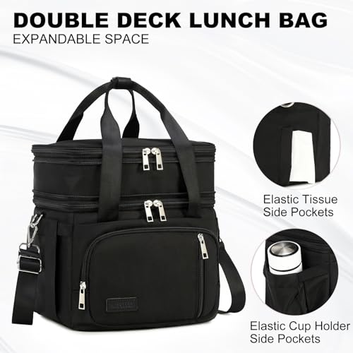 MAPLELILY Lunch Box for Men Women - Double Deck Insulated Lunch Bag, Large Leak Proof Tote Cooler, Wide Open Dual Compartment Lunch Bags with Shoulder Strap, For Work Picnic Hiking Beach, Black - color: Black