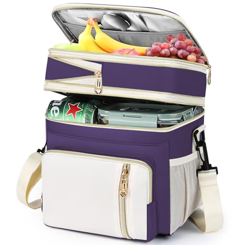 Lunch Box & Lunch Bag for Women, Large Insulated Adult Lunch Box Leakproof Lunchbox Cooler Bag for Work Picnic Beach,16L, Purple & White - color: Deep Purple