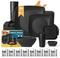 Teivio 88-piece With Flatware Plastic Kitchen Wheat Straw Square Dinnerware Set for 8, Unbreakable Dinner/Salad/Appetizer Plates, Snack Bowls, Dipping Sauce Cups,Tumblers, Dishwasher Safe Dish,Black ﻿ - color: Black